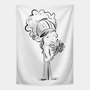 Curly Haired Girl Smelling Daisies Tapestry