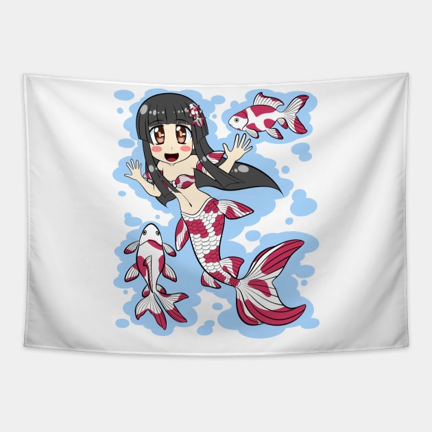 Goldfish Mermaid (Red, White) Tapestry by TeriyakiPigeon