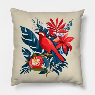 Red bird and exotic flowers Christmas decoration floral Boho chic design Pillow