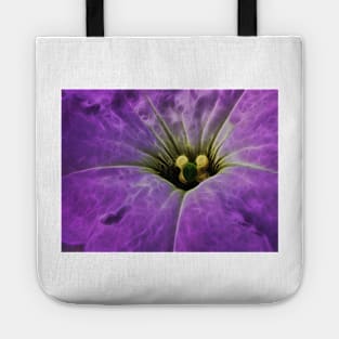 closeup macro photography of single bright purple glowing vivid floral fantasy with delicate and intricate gold coloured stamens Tote