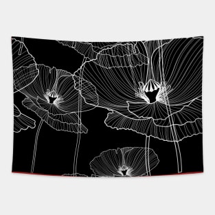 Black and white poppy/poppy lines/poppy flowers/wild flowers/large scale/cotton/white lines flowers/white background Tapestry