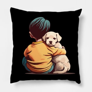 a little child with a cute dog in his arms Pillow