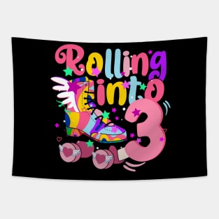 rolling into 3 - 3rd birthday girl roller skates theme party Tapestry