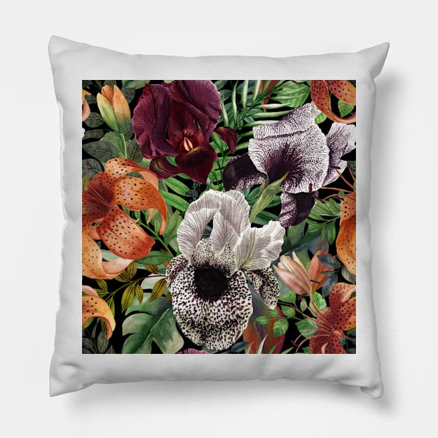 Tropical vibrant flowers and leaves watercolor illustration. Iris flower, Lily flower. Dark jungle. Exotic floral seamless pattern Pillow by likapix