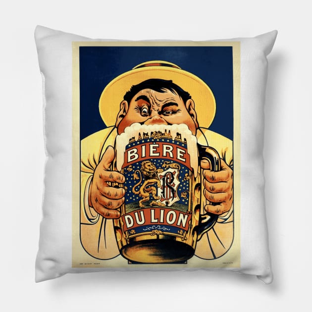 Biere du Lion - Comical Vintage Beer Advertising Art Design Pillow by Naves