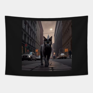 Digital art, Black Cat walking down a street in the city Sticker Tapestry