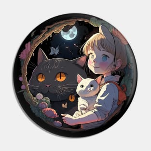 Whimsical Anime Duo: Little Girl and White Black Cat Pin