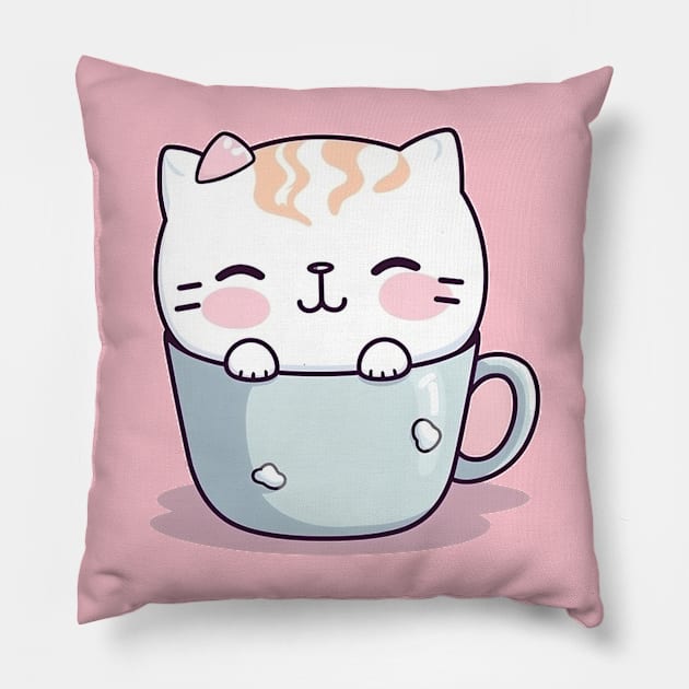 Cute Kawaii Kitty in a Blue Coffee Cup Pillow by Walter WhatsHisFace