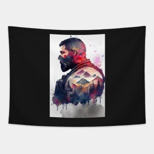 Soldier In A Gas Mask Watercolor Double Exposure Tapestry