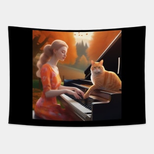 A Female Pianist With An Orange Cat Sitting On The Piano In The English Countryside With An Autumn Mist Tapestry