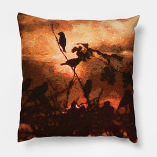 Birds at sunrise, Birds are sitting on a tree at sunrise, Oil painting on canvas . Pillow