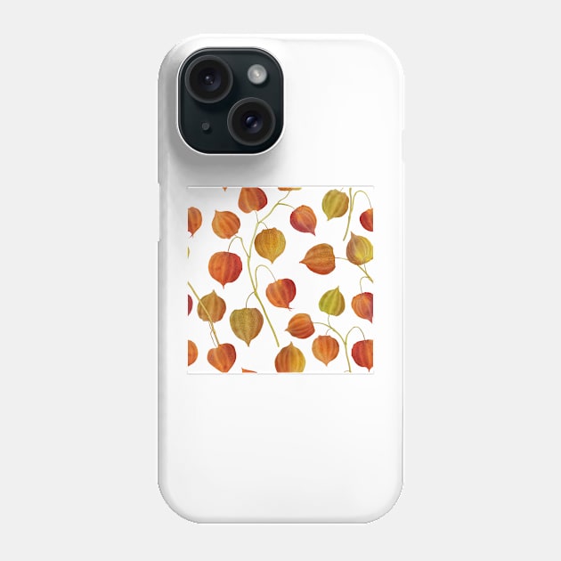 Physalis flowers watercolor seamless pattern. Golden berry plants. Cape gooseberry buds. Colorful autumn leaves structure Phone Case by likapix