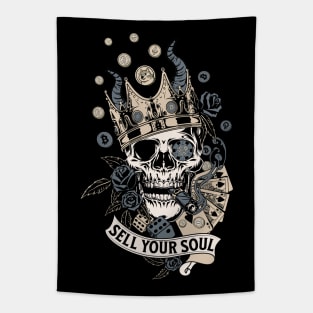 Sell Your Soul! Or don't? A Vintage Smoking Skull with Money, Playing Cards, Dice, Horns, Crown and Roses. Tapestry