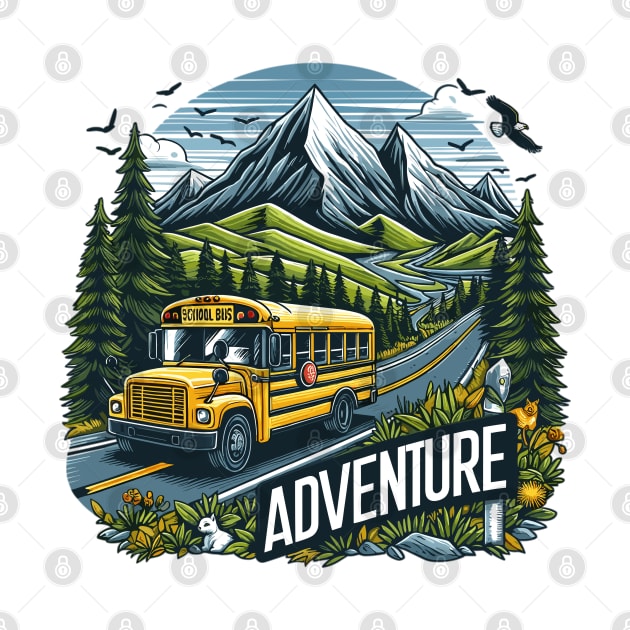 A School Bus On A Mountain Road, Bus Adventure by Vehicles-Art