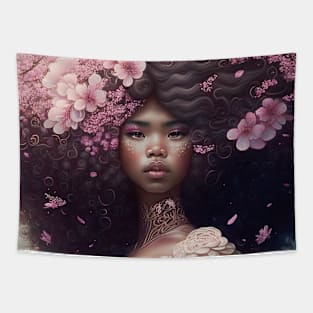 [AI Art] Cherry blossom lady with big hair Tapestry