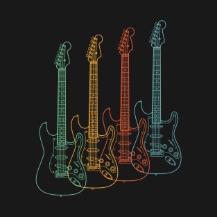 Four S-Style Electric Guitar Outlines Retro Color T-Shirt