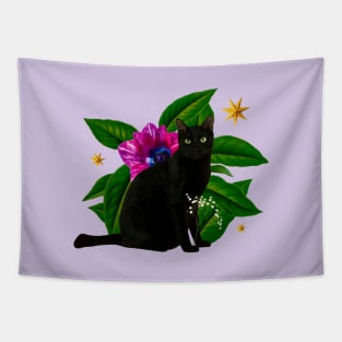 Floral Black Cat Tapestry