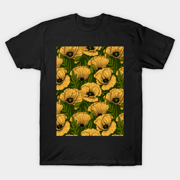 Yellow poppy garden on dark green - Poppies - T-Shirt