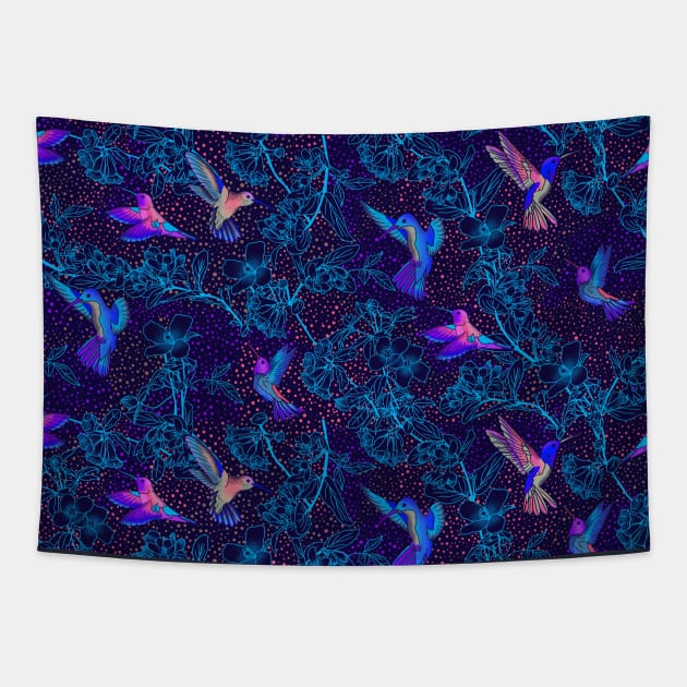 Blue Hummingbird Paradise Tapestry by Carolina Díaz