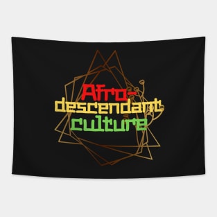 Golden geometric figure with texts in red, black, yellow and green colors Tapestry