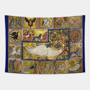 MEDIEVAL BESTIARY, CALADRIUS BIRD,FANTASTIC ANIMALS IN GOLD RED BLUE COLORS Tapestry