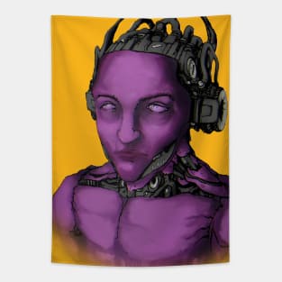 Robot man with a tired look looks into the distance and thinks about freedom and uniqueness Tapestry