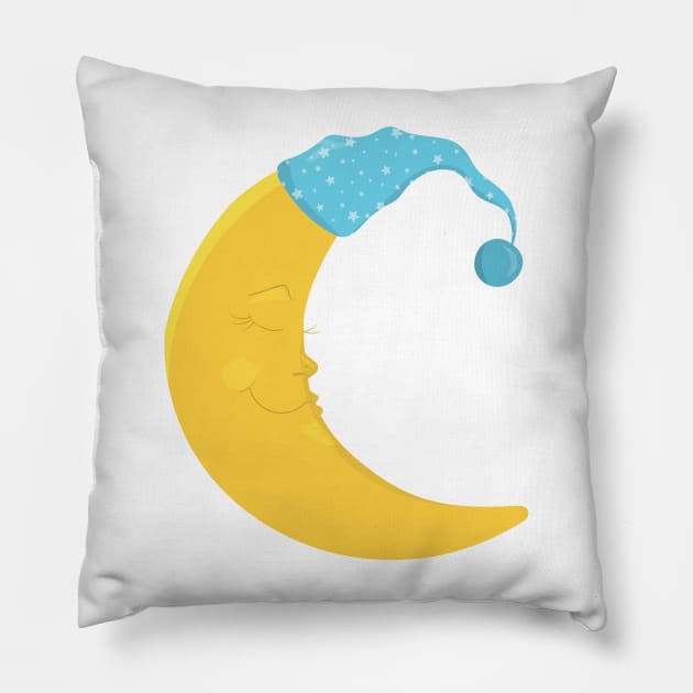 Sleeping Moon, Yellow Moon, Cute Moon, Nightcap Pillow by Jelena Dunčević