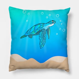 Blue green Sea turtle in ocean Pillow