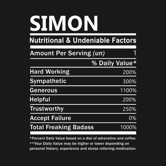 Simon Name T Shirt - Simon Nutritional and Undeniable Name Factors Gift Item Tee by nikitak4um