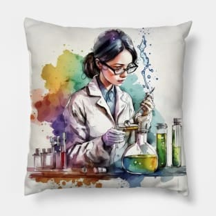 Watercolor illustration of Woman scientist working in the lab Pillow