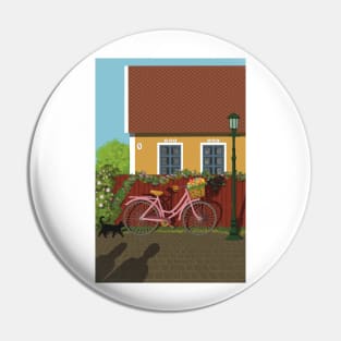 Pink bike with flowers in the Summernight in the street by the cottage in a Scandinavian country Pin