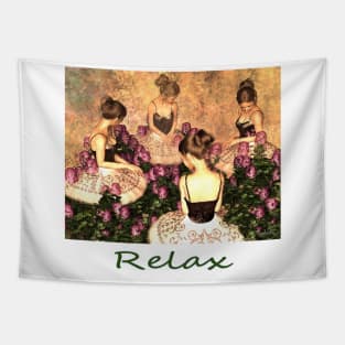 Four ballerinas taking a break among flowers, zen, yoga, buddhism Tapestry