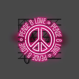 Peace and Love - Pink Neon Symbol T-Shirt