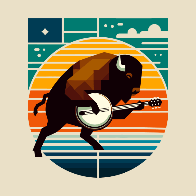 Banjo Bison Sunset Mid-Century Modern by FanArts