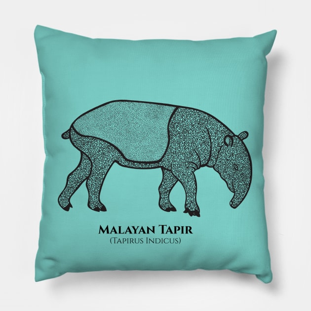 Malayan Tapir with Common and Scientific Names - detailed animal drawing Pillow by Green Paladin