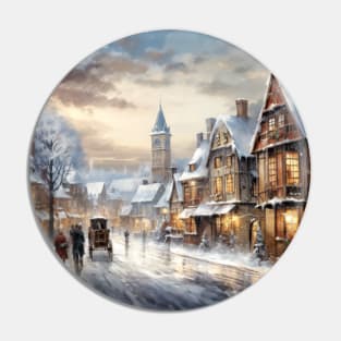 Oil Painting of a Victorian Village at Christmas - Landscape Pin