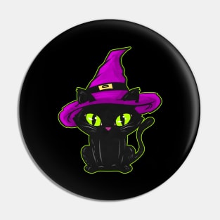 Cute Black Cat With Witch Hat For Halloween Pin