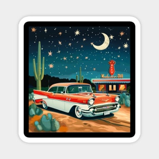 Retro Vintage Diner Route 66 Classic Car Roadside Attraction at Night Desert Magnet