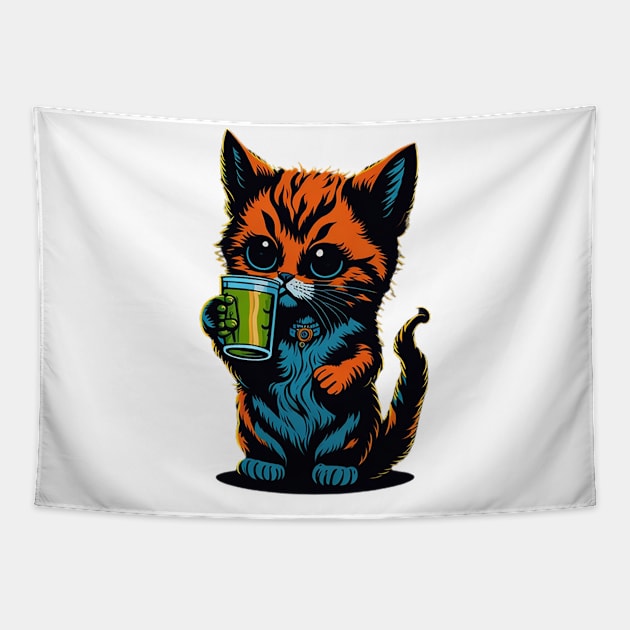 Cartoonish Kitten With Beer Mug Tapestry by likbatonboot