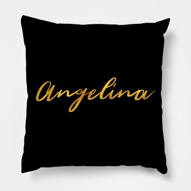 Angelina Name Hand Lettering in Gold Letters Pillow by Pixel On Fire