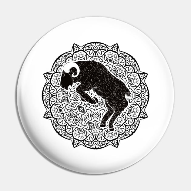 Aries Mandala Zodiac in Black and White Pin by Serbyk