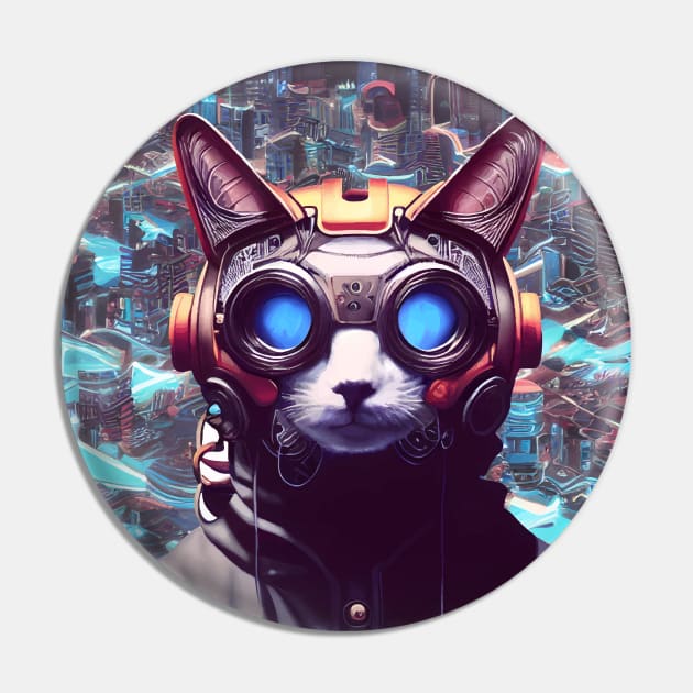 Cool Japanese Techno Cat In Future World Japan Neon City Pin by star trek fanart and more