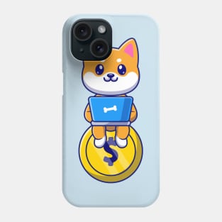 Cute Shiba Inu Dog Sitting On Gold Coin And Operating  Laptop Cartoon Phone Case