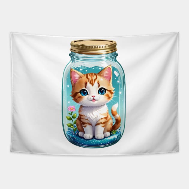 Cute Kawaii Cat With Flowers In Mason Jar Tapestry by HappyDigitalPOD