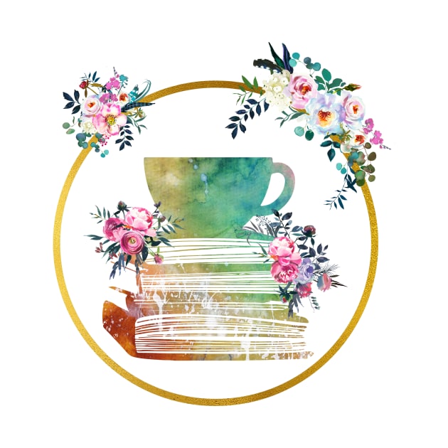 Cup of Tea with Books and flowers by erzebeth