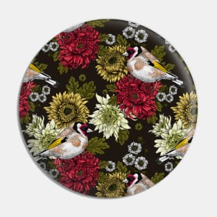 Goldfinch and chrysanthemum flowers Pin