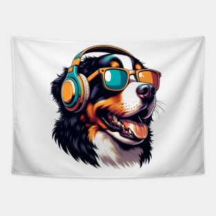 Grinning Bernese Mountain Dog as Smiling DJ in Sunglasses Tapestry