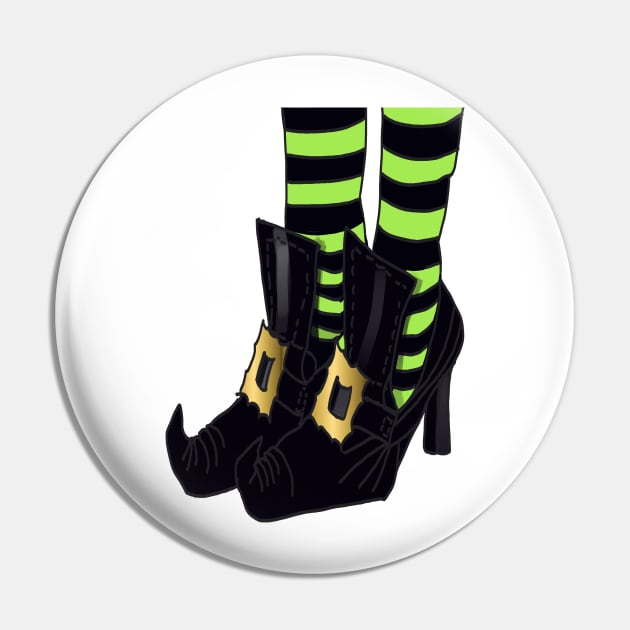 Witches Shoes with Lime Green and Black Stripe Sock Design Pin by PurposelyDesigned