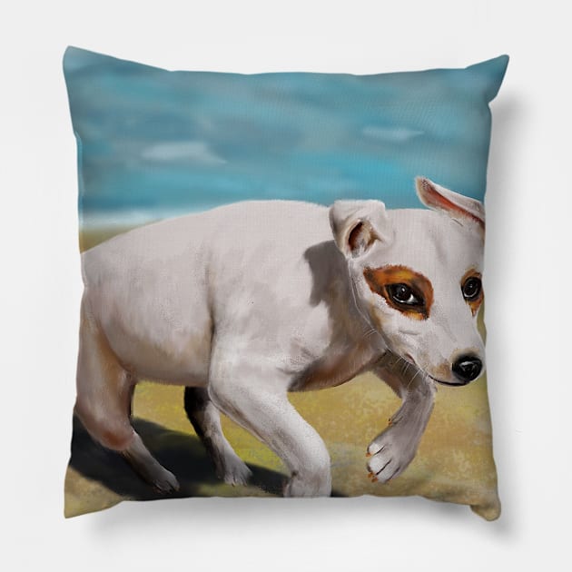 Beautiful Little White Chihuahua Running on The Beach Pillow by ibadishi