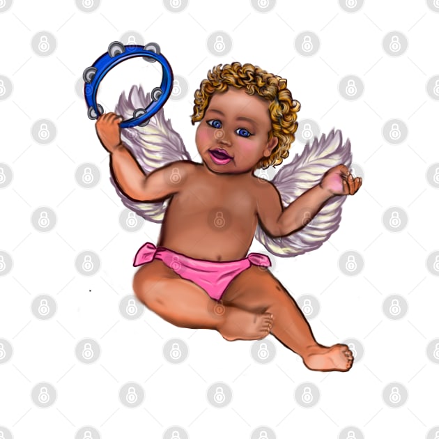 Curly haired Angel playing the tambourine- blissful Sun kissed curly haired Baby cherub angel classical art by Artonmytee